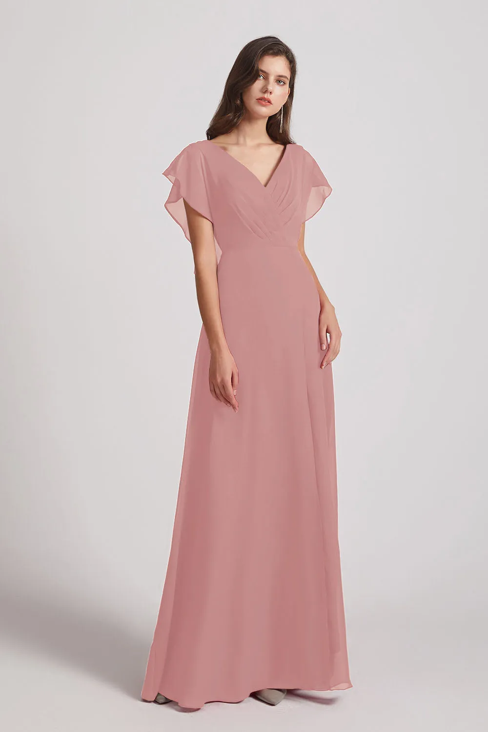 V-Neck Chiffon Long Backless Bridesmaid Dresses with Side Slit (AF0071)