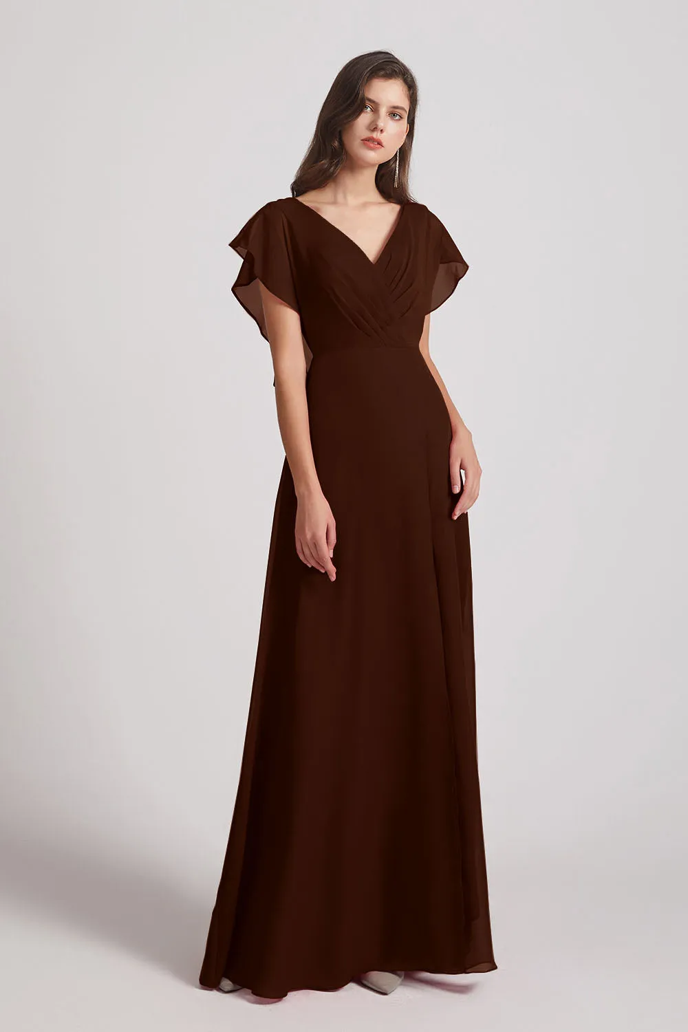 V-Neck Chiffon Long Backless Bridesmaid Dresses with Side Slit (AF0071)