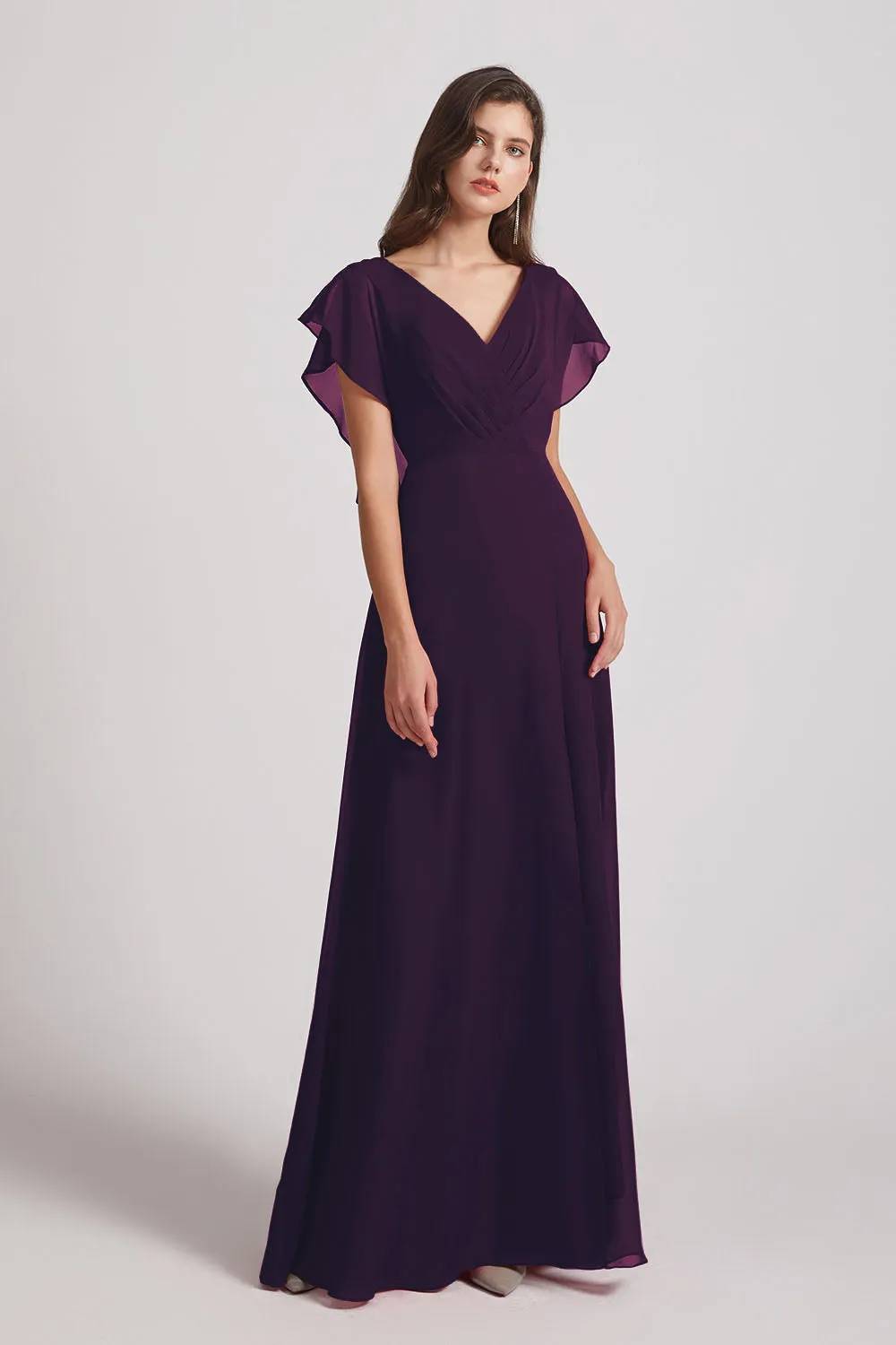 V-Neck Chiffon Long Backless Bridesmaid Dresses with Side Slit (AF0071)