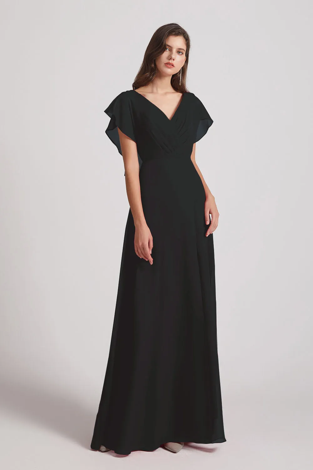 V-Neck Chiffon Long Backless Bridesmaid Dresses with Side Slit (AF0071)