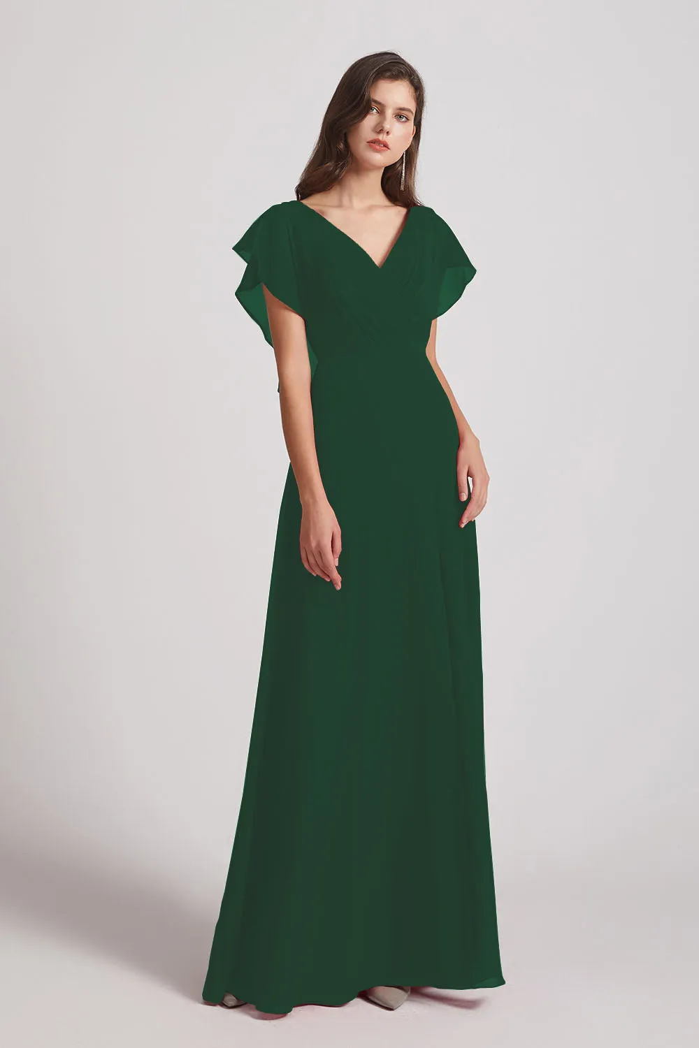 V-Neck Chiffon Long Backless Bridesmaid Dresses with Side Slit (AF0071)