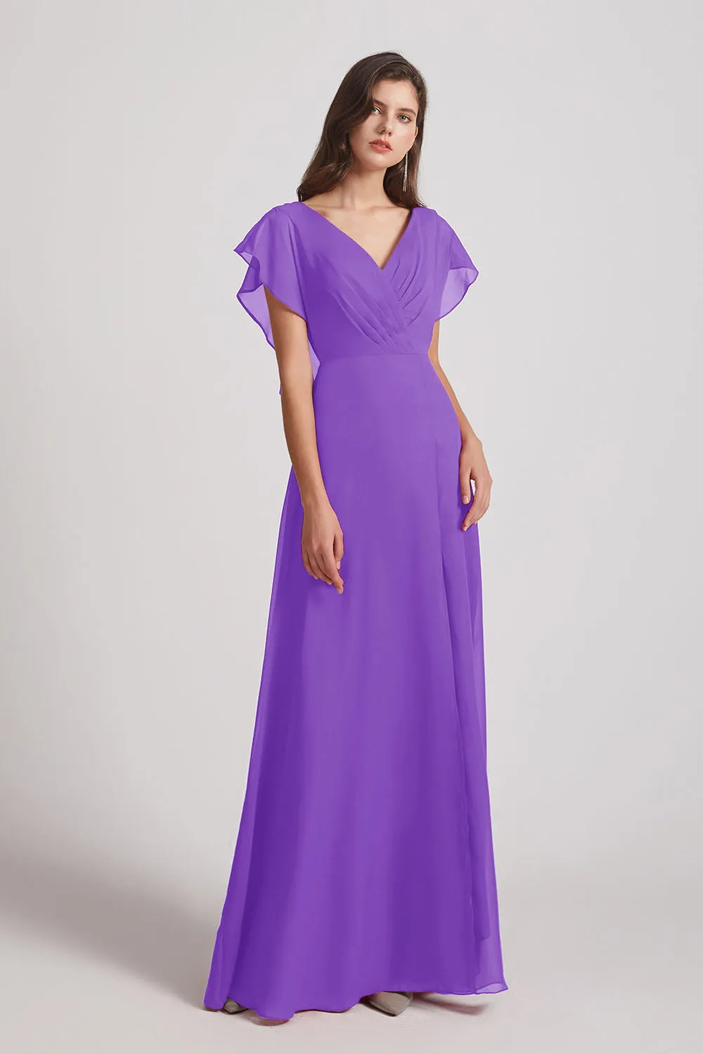 V-Neck Chiffon Long Backless Bridesmaid Dresses with Side Slit (AF0071)