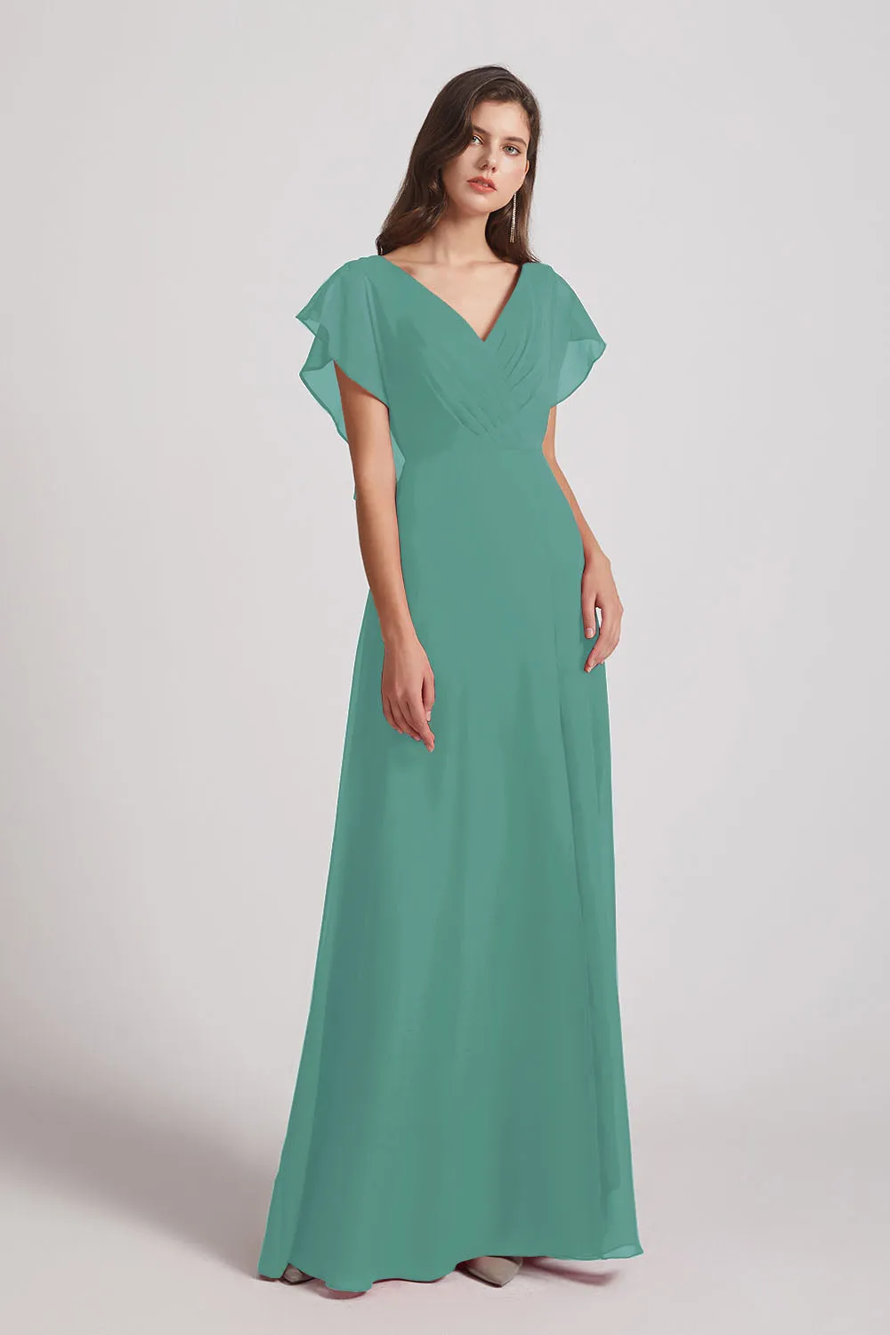 V-Neck Chiffon Long Backless Bridesmaid Dresses with Side Slit (AF0071)