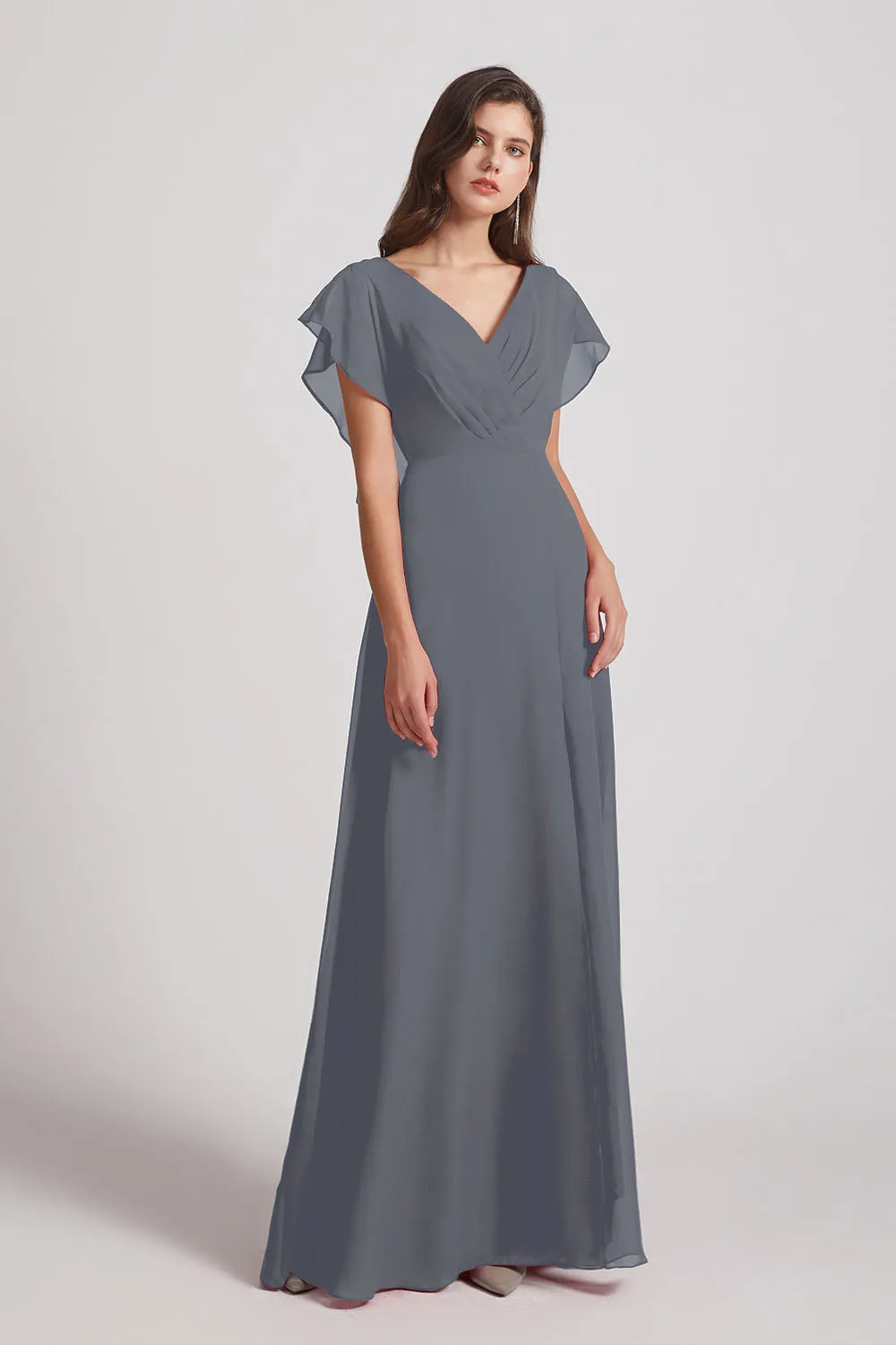 V-Neck Chiffon Long Backless Bridesmaid Dresses with Side Slit (AF0071)