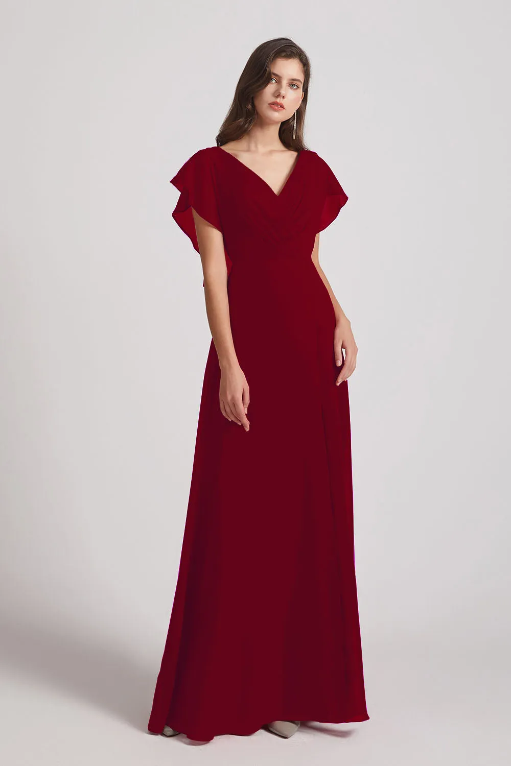 V-Neck Chiffon Long Backless Bridesmaid Dresses with Side Slit (AF0071)