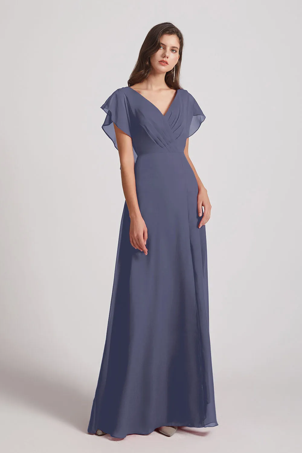 V-Neck Chiffon Long Backless Bridesmaid Dresses with Side Slit (AF0071)