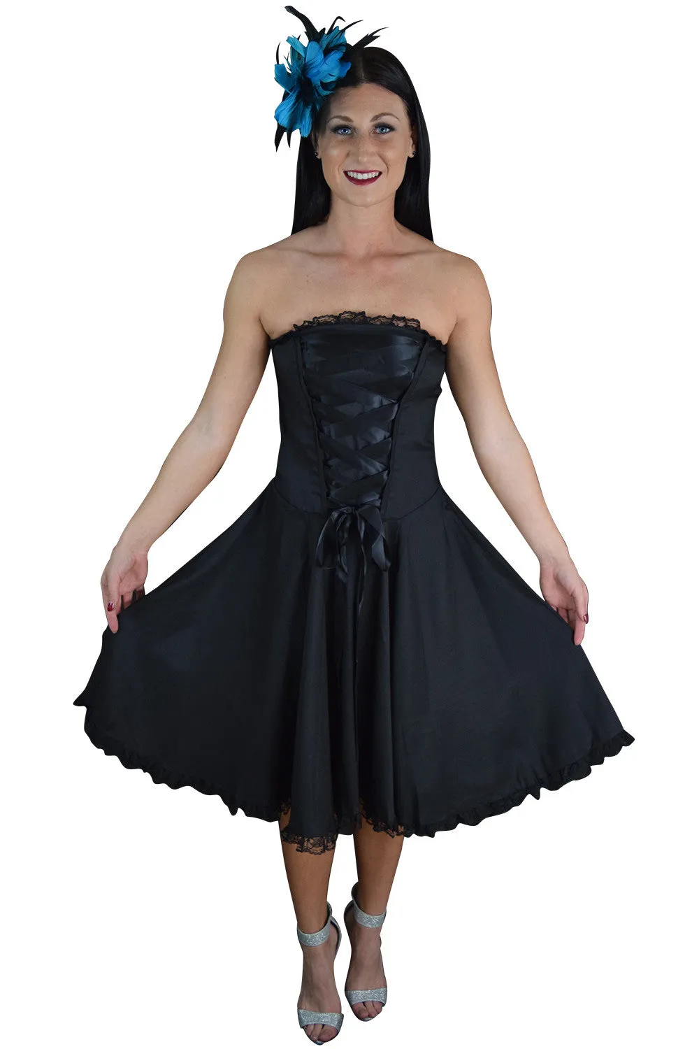 Victorian Style Satin ribbon Strapless Black Corset Lace-up Dress