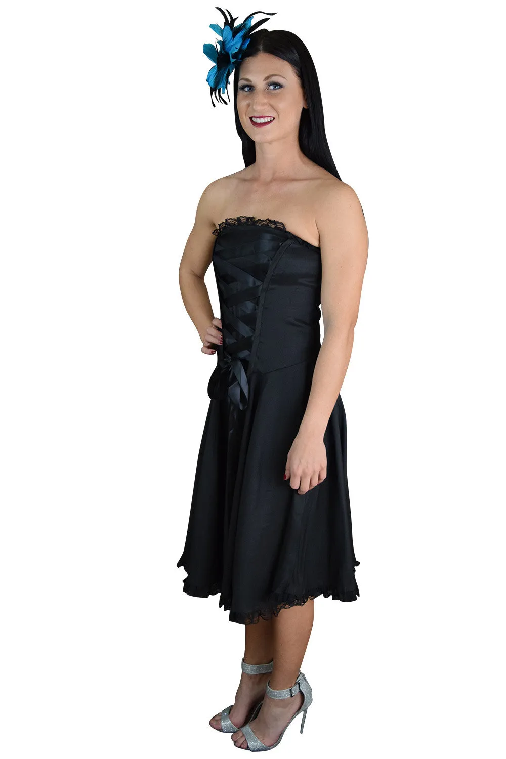 Victorian Style Satin ribbon Strapless Black Corset Lace-up Dress