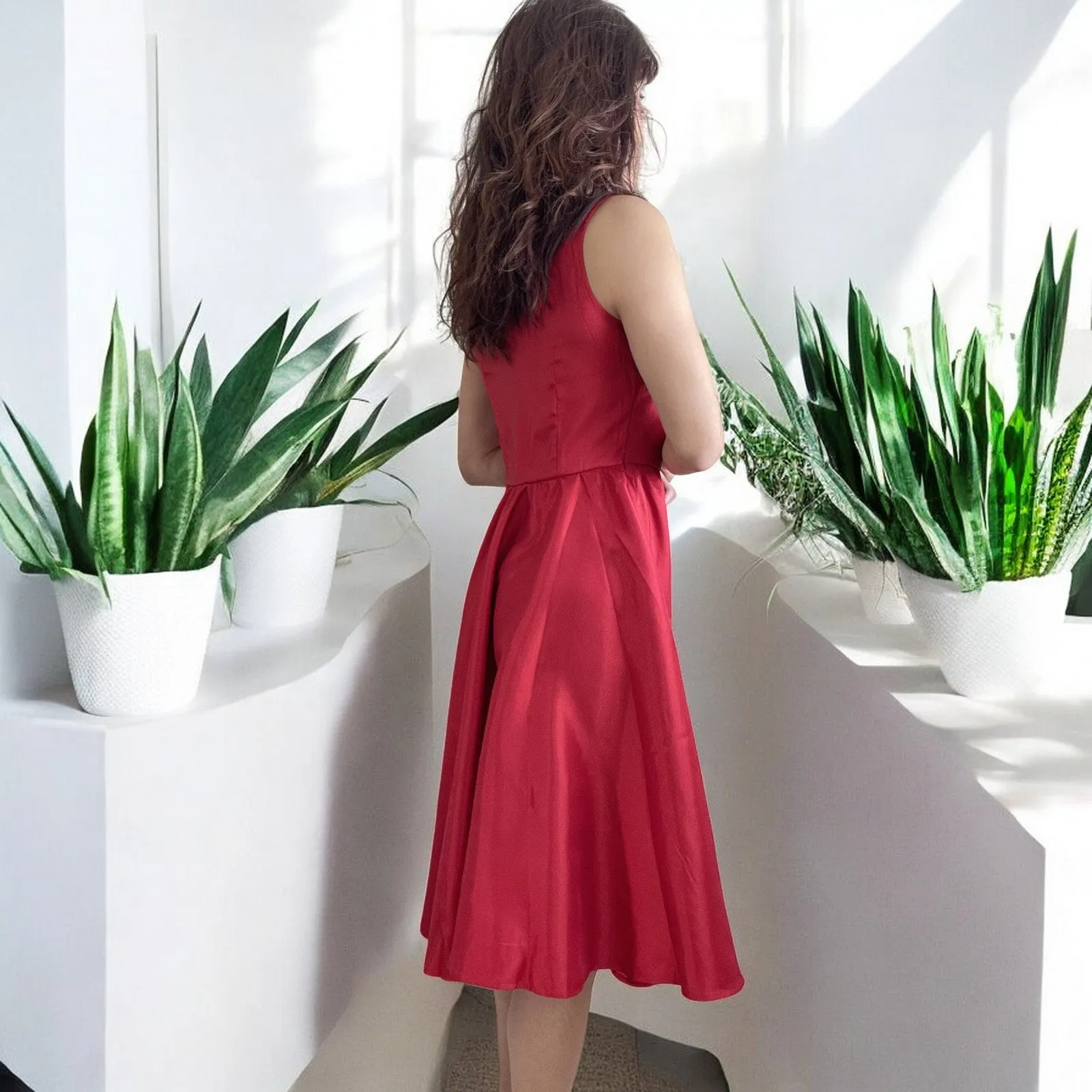 Vintage Red Satin Fit and Flare Dress with Bateau Neckline – High Waist, Cocktail, Bridesmaid, Plus Size