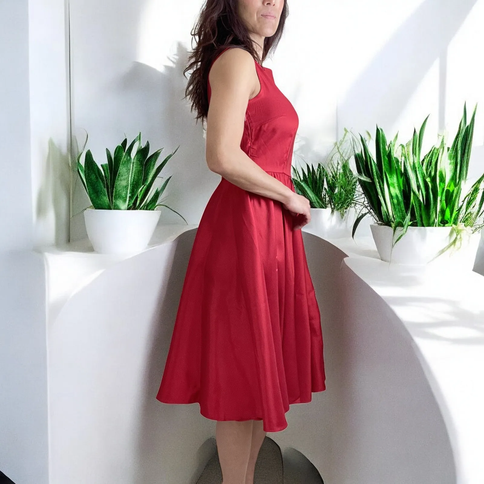 Vintage Red Satin Fit and Flare Dress with Bateau Neckline – High Waist, Cocktail, Bridesmaid, Plus Size