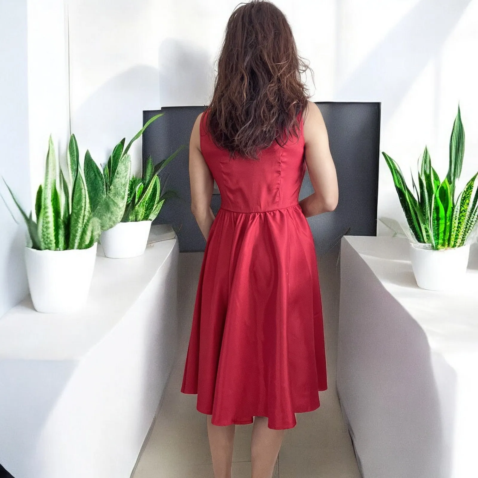 Vintage Red Satin Fit and Flare Dress with Bateau Neckline – High Waist, Cocktail, Bridesmaid, Plus Size