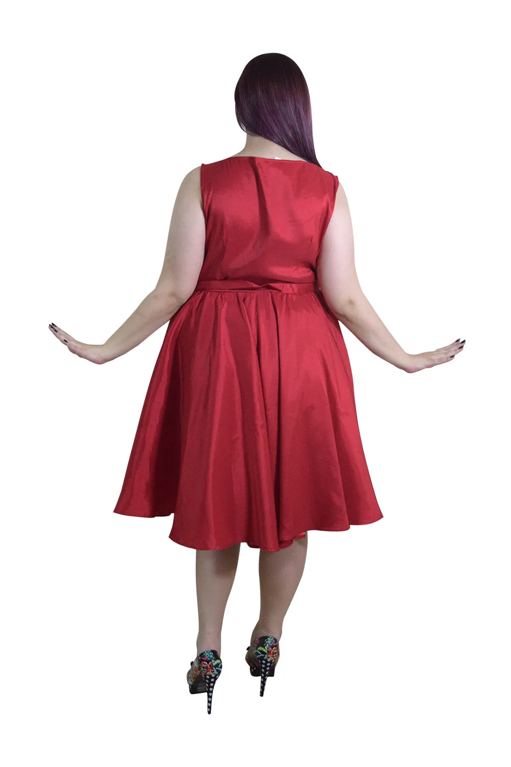 Vintage Red Satin Fit and Flare Dress with Bateau Neckline – High Waist, Cocktail, Bridesmaid, Plus Size