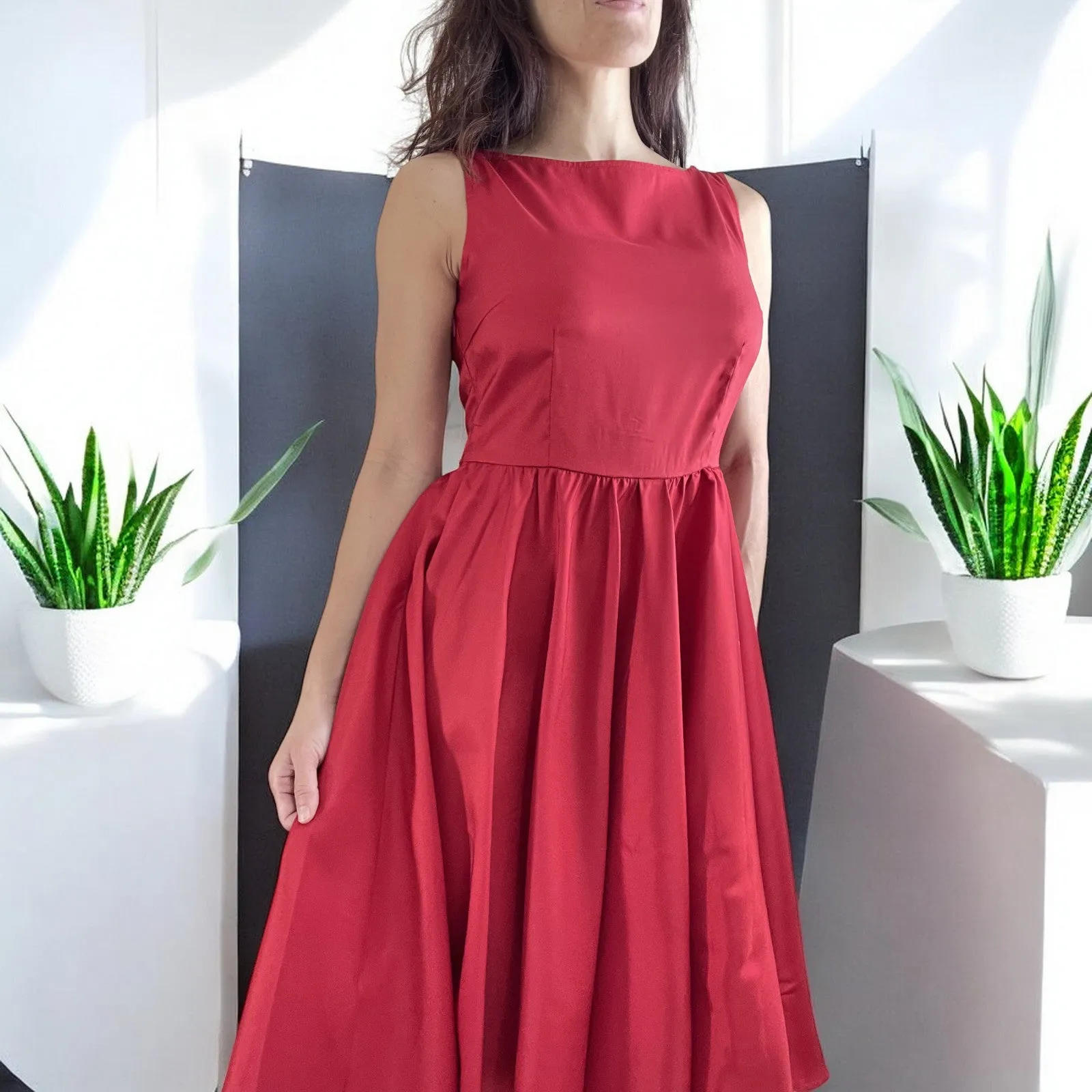 Vintage Red Satin Fit and Flare Dress with Bateau Neckline – High Waist, Cocktail, Bridesmaid, Plus Size