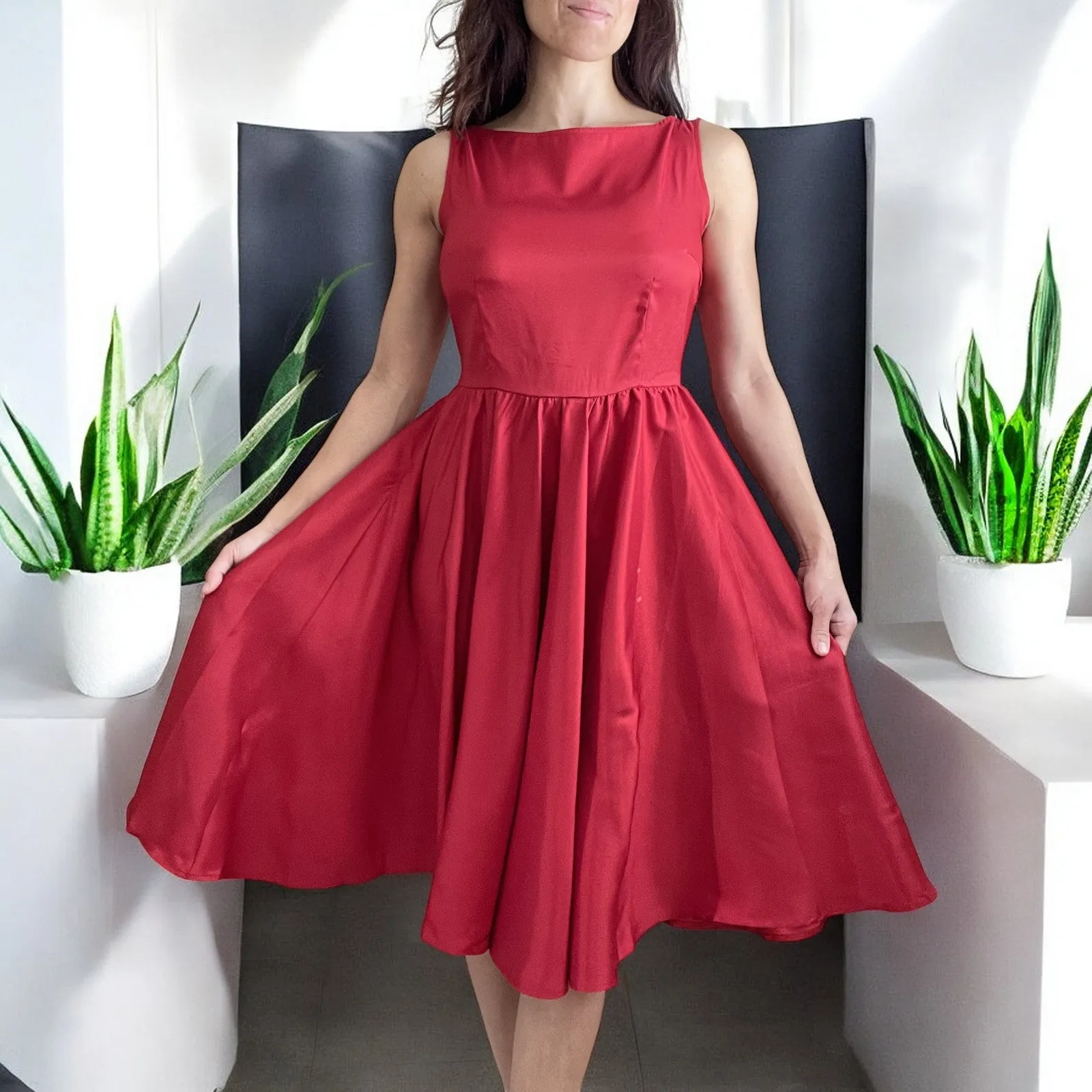 Vintage Red Satin Fit and Flare Dress with Bateau Neckline – High Waist, Cocktail, Bridesmaid, Plus Size