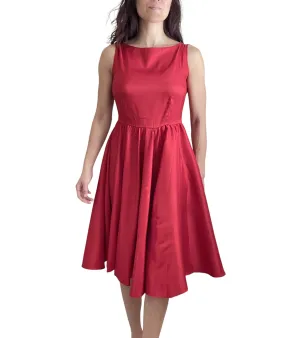 Vintage Red Satin Fit and Flare Dress with Bateau Neckline – High Waist, Cocktail, Bridesmaid, Plus Size