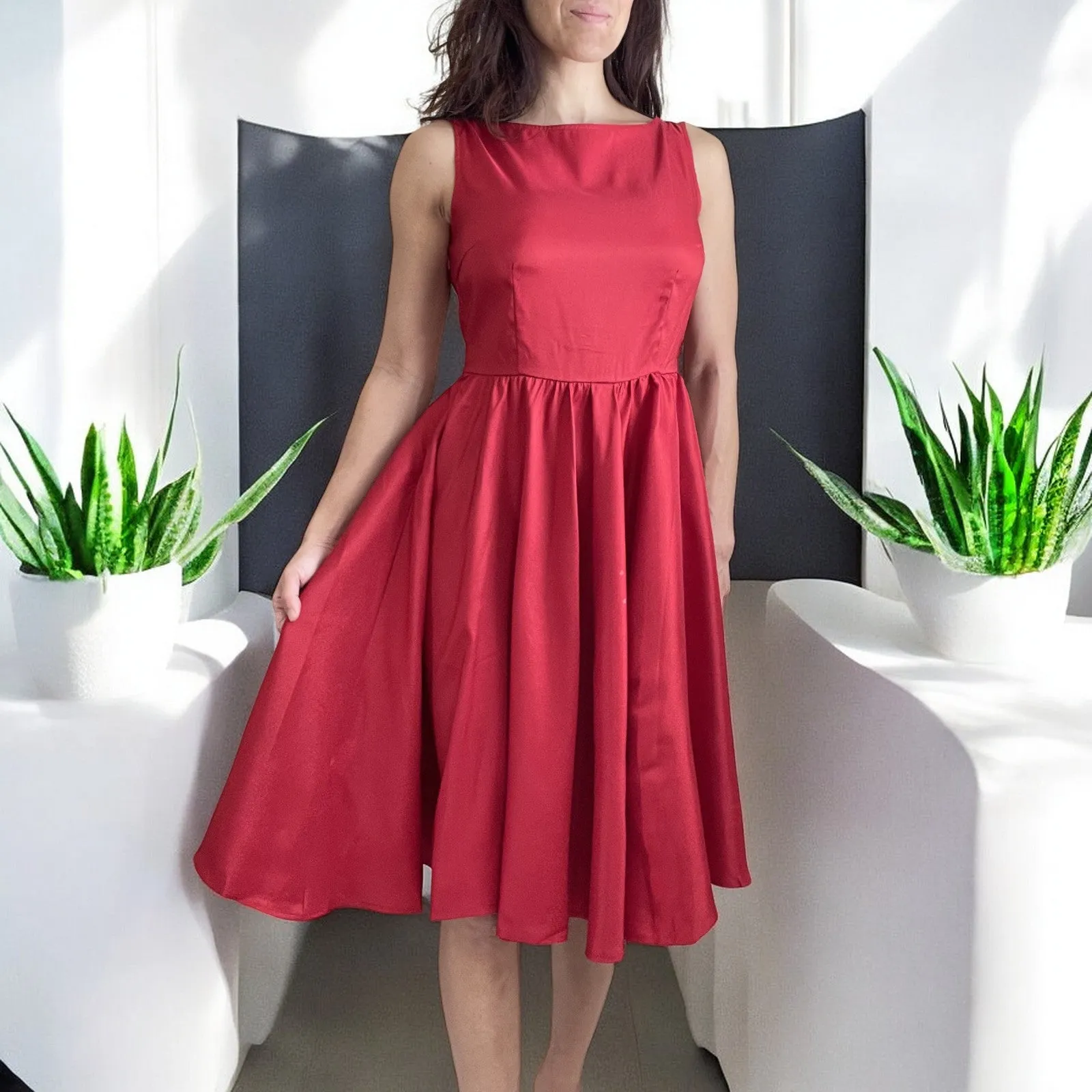 Vintage Red Satin Fit and Flare Dress with Bateau Neckline – High Waist, Cocktail, Bridesmaid, Plus Size