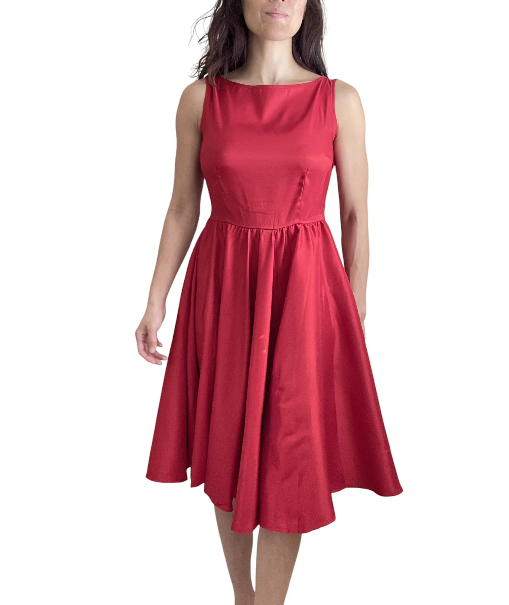 Vintage Red Satin Fit and Flare Dress with Bateau Neckline – High Waist, Cocktail, Bridesmaid, Plus Size