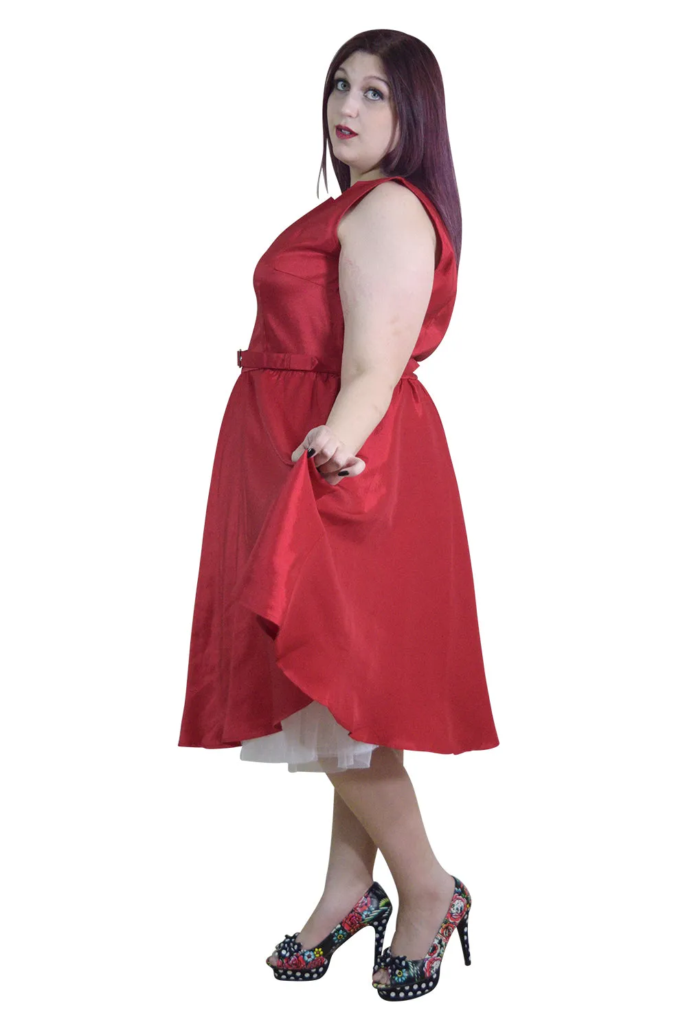 Vintage Red Satin Fit and Flare Dress with Bateau Neckline – High Waist, Cocktail, Bridesmaid, Plus Size