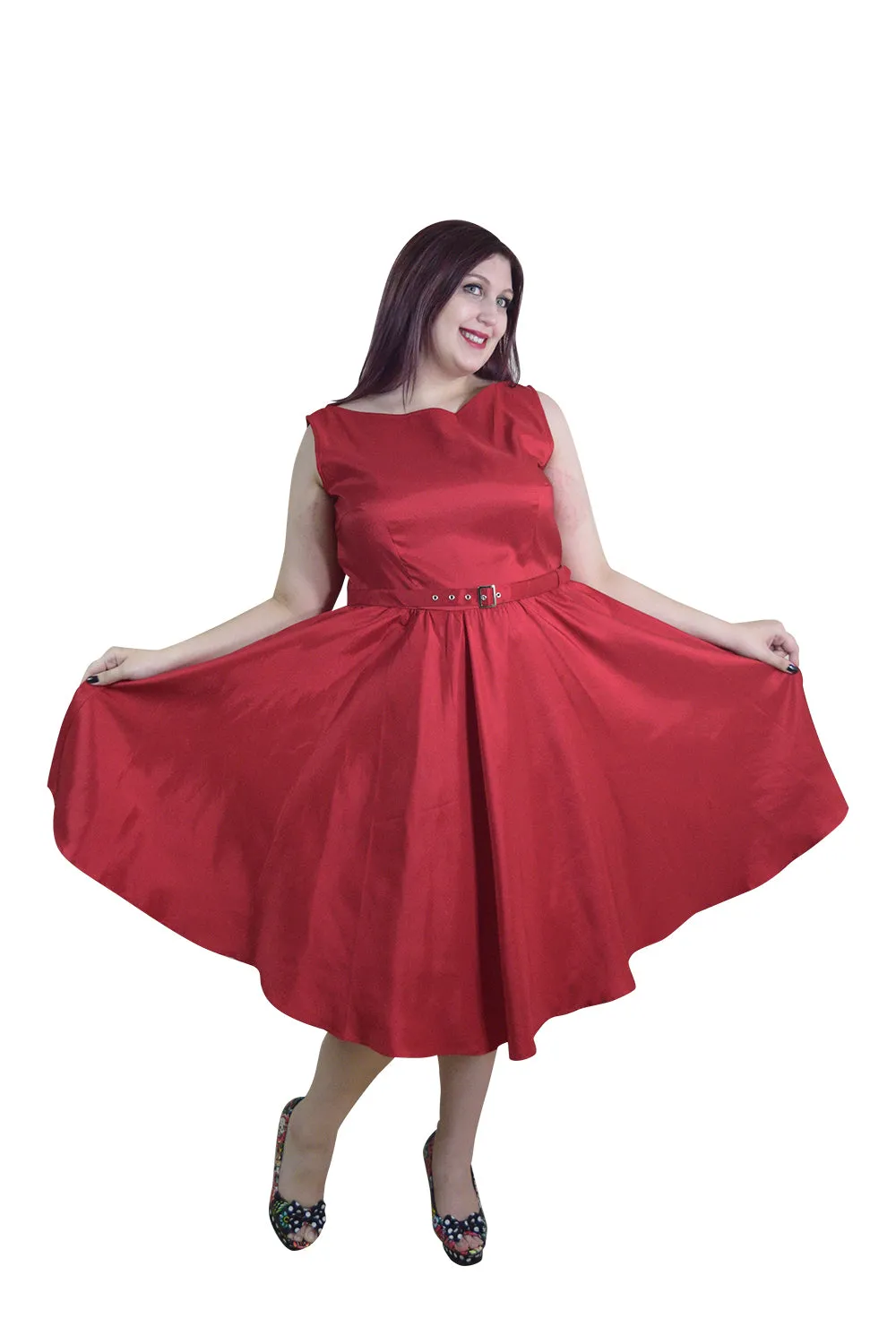 Vintage Red Satin Fit and Flare Dress with Bateau Neckline – High Waist, Cocktail, Bridesmaid, Plus Size