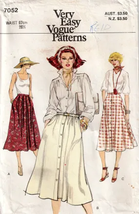 Vogue 7052 Womens Pleated or Button Front Skirts with Pockets 1970s Vintage Sewing Pattern Size 12 Waist 26.5 Inches UNCUT Factory Folded