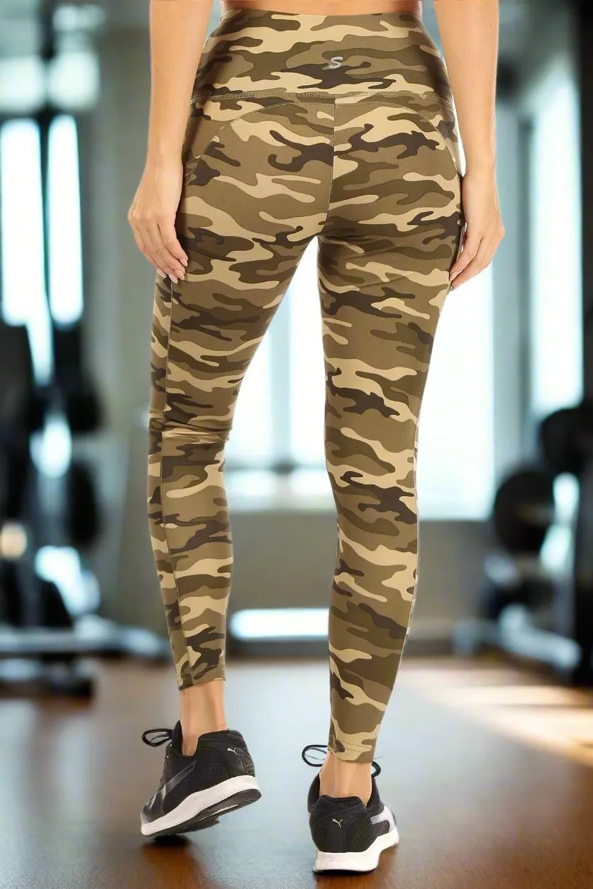 Womens Green Camouflage Pocket Leggings Athletic Yoga Pants Plus Size 1xl/2xl/3xl
